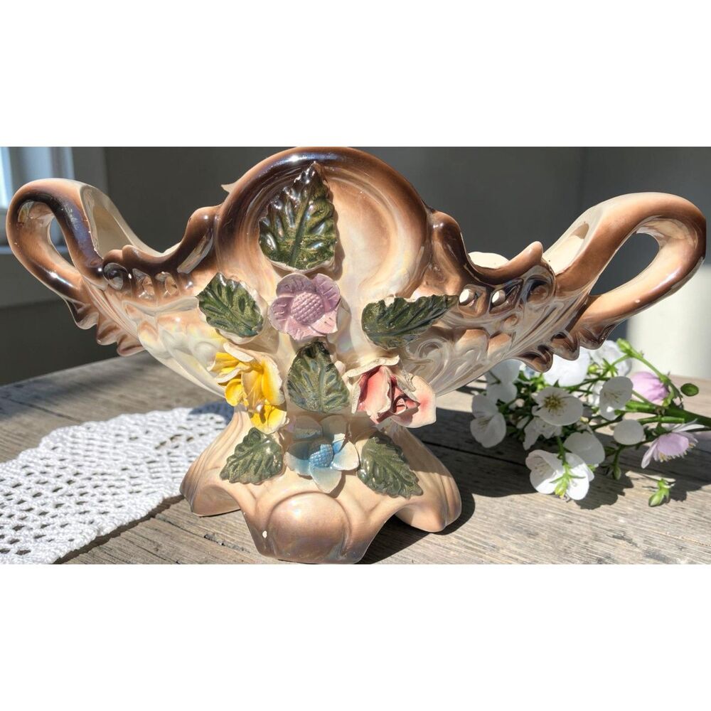 Vintage Floral Ceramic Jardiniere Pedestal Planter Centerpiece Bowl Cottagecore